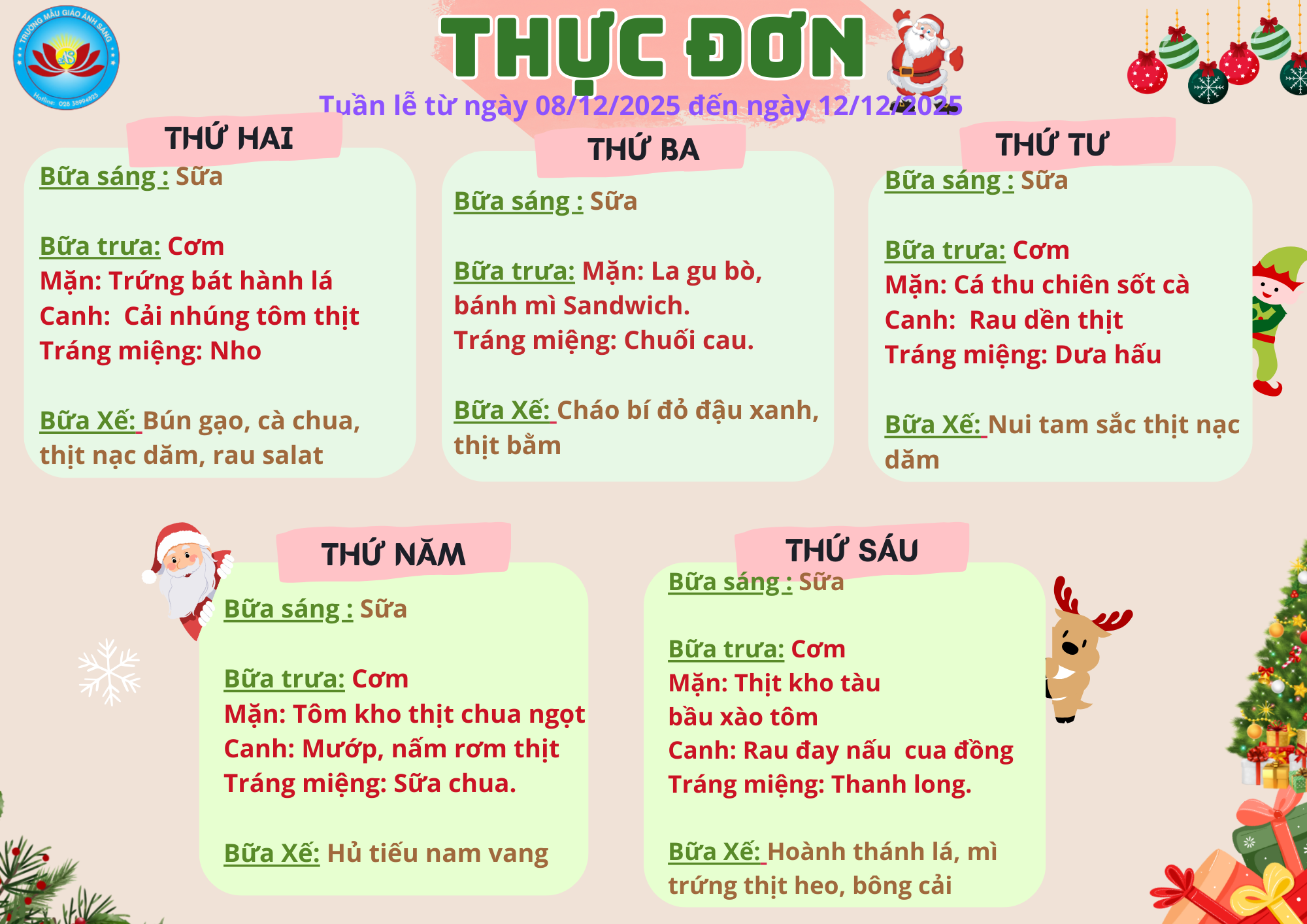 Thực Đơn Tuần Lễ 8/12/2025 – 12/12/2025